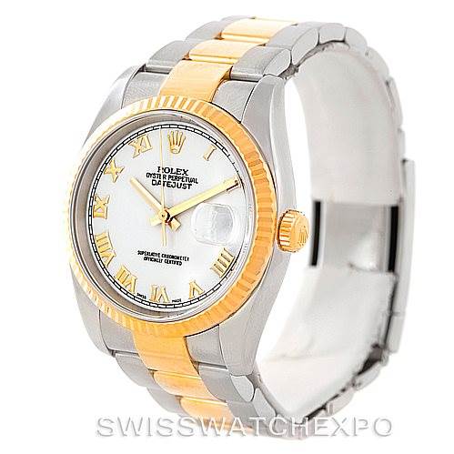 The Rolex Datejust 116233 Men's Stainless Steel White Dial 116233 Men's Stainless Steel White Dial watch is shown at a three-quarter angle with a focus on the dial, bezel, and bracelet.