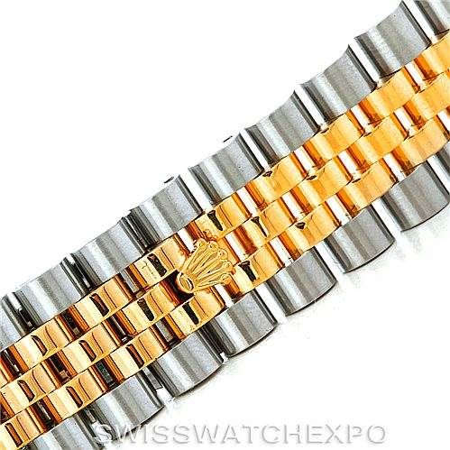The image shows a close-up of the bracelet for a Rolex Datejust 116263 Men's Stainless Steel White Dial 116263 Men's Stainless Steel White Dial watch, featuring gold and silver links with the Rolex crown logo.