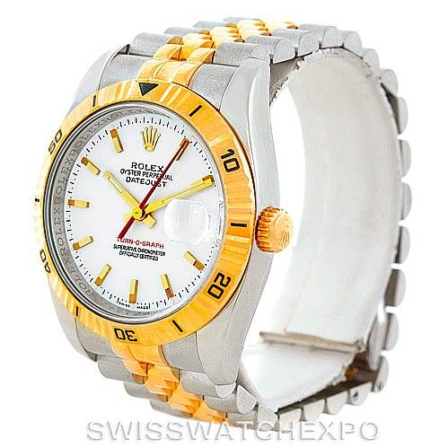 The image shows a Rolex Datejust 116263 Men's Stainless Steel White Dial 116263 Men's Stainless Steel White Dial watch angled to display its face, two-tone bracelet, bezel, and crown.