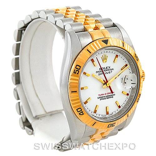 The image shows a Rolex Datejust 116263 Men's Stainless Steel White Dial 116263 Men's Stainless Steel White Dial watch featuring a two-tone bracelet and a yellow bezel, viewed from an angled side perspective.