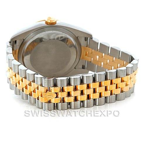 The image shows the back of a Rolex Datejust 116263 Men's Stainless Steel White Dial 116263 Men's Stainless Steel White Dial watch, focusing on the case back and Jubilee bracelet in two-tone metal.