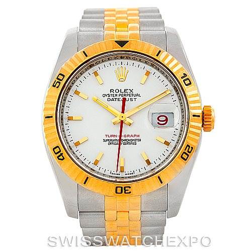 This image shows a frontal view of a Rolex Datejust 116263 Men's Stainless Steel White Dial 116263 Men's Stainless Steel White Dial watch with a yellow gold and stainless steel bracelet and bezel.