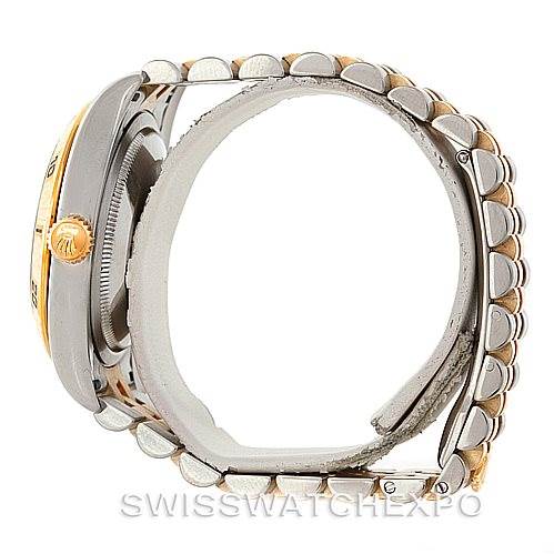 This side view shows the case, crown, and bracelet of the Rolex Datejust 116263 Men's Stainless Steel White Dial 116263 Men's Stainless Steel White Dial watch.