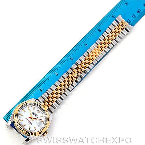 The image shows a Rolex Datejust 116263 Men's Stainless Steel White Dial 116263 Men's Stainless Steel White Dial watch laid flat next to a ruler, highlighting the bracelet and part of the dial.