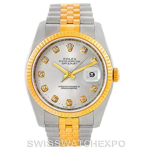The image shows a front view of a Rolex Datejust 116233 Men's Steel and Gold (two tone) Silver Dial 116233 Men's Steel and Gold (two tone) Silver Dial watch with a two-tone bracelet and diamond hour markers.