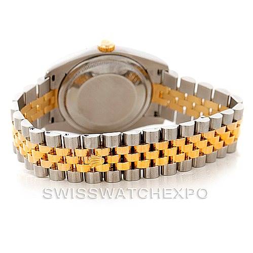 The image shows the backside and bracelet of a Rolex Datejust 116233 Men's Steel and Gold (two tone) Silver Dial 116233 Men's Steel and Gold (two tone) Silver Dial watch, highlighting the two-tone metal bracelet design.