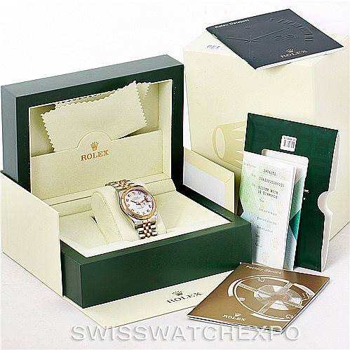 This image shows a Rolex Datejust 116233 Men's Steel and Gold (two tone) Silver Dial 116233 Men's Steel and Gold (two tone) Silver Dial watch with its box, booklets, and warranty card from a front angle.