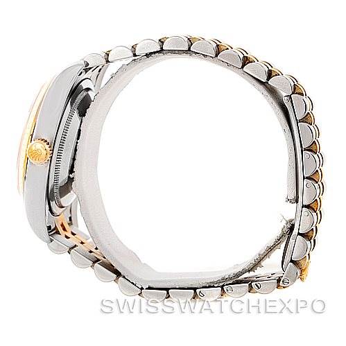 This image shows a side profile view of the Rolex Datejust 116233 Men's Steel and Gold (two tone) Silver Dial 116233 Men's Steel and Gold (two tone) Silver Dial, highlighting its case and bracelet.