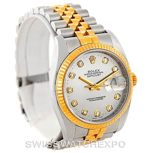 This image shows a Rolex Datejust 116233 Men's Steel and Gold (two tone) Silver Dial 116233 Men's Steel and Gold (two tone) Silver Dial watch at an angled front view, highlighting its face, bezel, and bracelet.