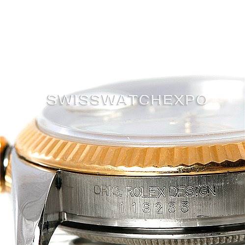 The image shows a close-up of the case side and bezel of a Rolex Datejust 116233 Men's Steel and Gold (two tone) Silver Dial 116233 Men's Steel and Gold (two tone) Silver Dial watch, displaying the model number 16233.