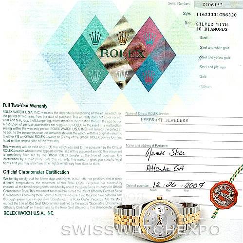 The Rolex Datejust 116233 Men's Steel and Gold (two tone) Silver Dial 116233 Men's Steel and Gold (two tone) Silver Dial watch is shown from an angle that displays its face and bracelet, along with its certification and warranty documents.