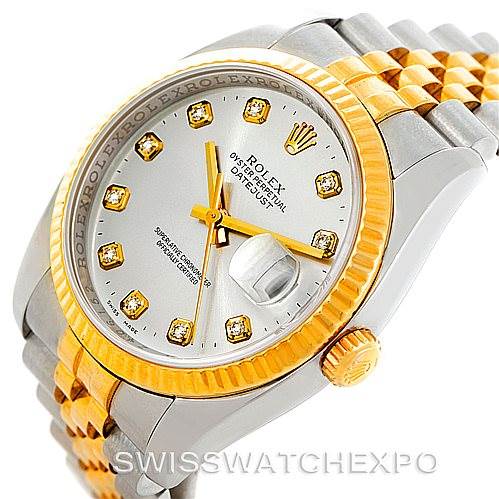 The image shows a Rolex Datejust 116233 Men's Steel and Gold (two tone) Silver Dial 116233 Men's Steel and Gold (two tone) Silver Dial watch at an angled view, highlighting its two-tone bracelet, gold fluted bezel, and diamond markers.
