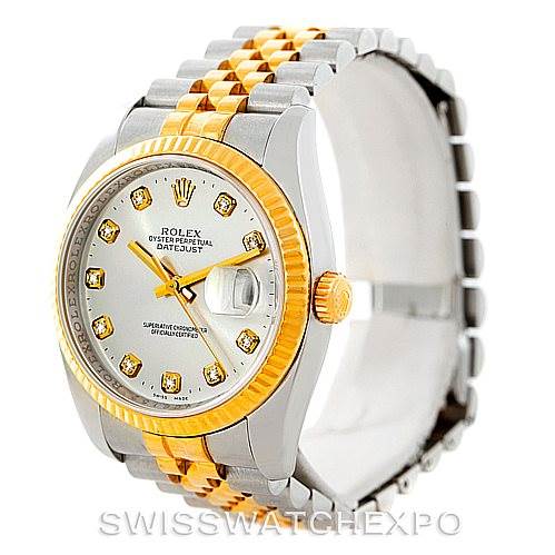 The image shows a Rolex Datejust 116233 Men's Steel and Gold (two tone) Silver Dial 116233 Men's Steel and Gold (two tone) Silver Dial watch from a three-quarter angle highlighting the dial, bezel, crown, and two-tone bracelet.