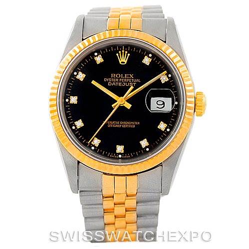 This Rolex Datejust 16233 Men's Steel and Gold (two tone) Black Dial 16233 Men's Steel and Gold (two tone) Black Dial watch is shown from the front, displaying the dial, bezel, crown, and part of the bracelet.