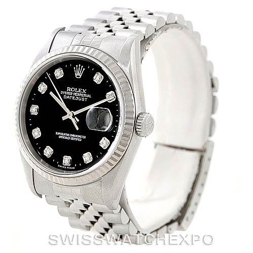 The image shows a Rolex Datejust 16234 Men's Stainless Steel Black Dial 16234 Men's Stainless Steel Black Dial watch, angled to highlight its face, bezel, and bracelet.