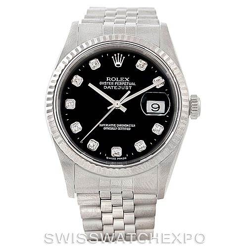 The image shows a front view of a Rolex Datejust 16234 Men's Stainless Steel Black Dial 16234 Men's Stainless Steel Black Dial watch, featuring a black dial with diamond hour markers, date window, and a stainless steel bracelet.