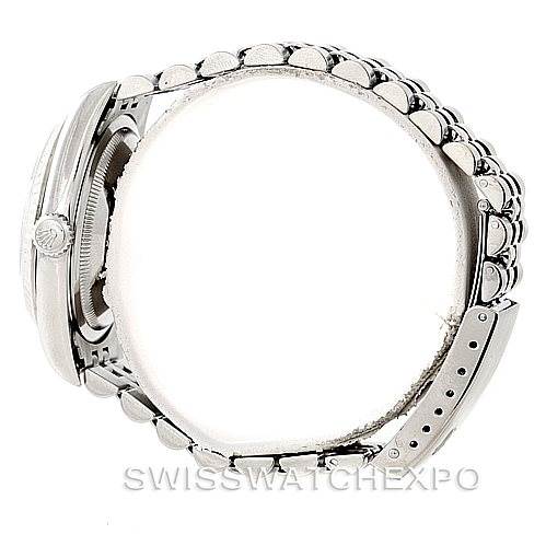 This image shows a side view of the Rolex Datejust 16234 Men's Stainless Steel Black Dial 16234 Men's Stainless Steel Black Dial model, highlighting the case, crown, and bracelet.