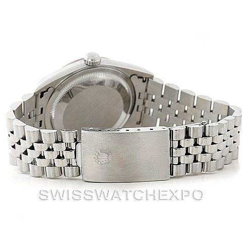 The image shows the back view of a Rolex Datejust 16234 Men's Stainless Steel Black Dial 16234 Men's Stainless Steel Black Dial watch, highlighting the case back and the Jubilee bracelet clasp with the Rolex crown logo.