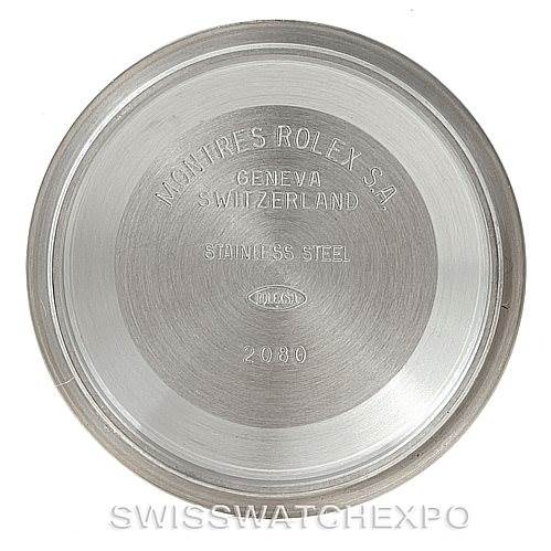 The image shows the inside case back of a Rolex Datejust 16234 Men's Stainless Steel Black Dial 16234 Men's Stainless Steel Black Dial model, featuring engraved branding and model details in stainless steel.