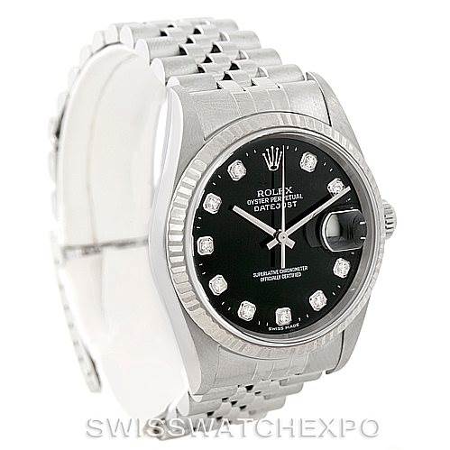 The image shows a Rolex Datejust 16234 Men's Stainless Steel Black Dial 16234 Men's Stainless Steel Black Dial watch at a slight angle, highlighting the dial, bezel, and bracelet.
