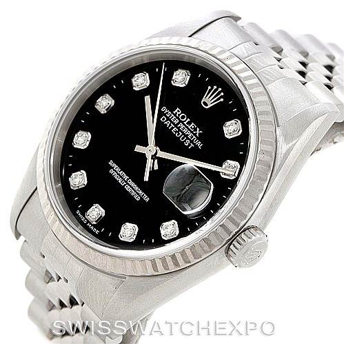 This image shows a Rolex Datejust 16234 Men's Stainless Steel Black Dial 16234 Men's Stainless Steel Black Dial watch at an angled close-up, displaying the face, bezel, and part of the bracelet.