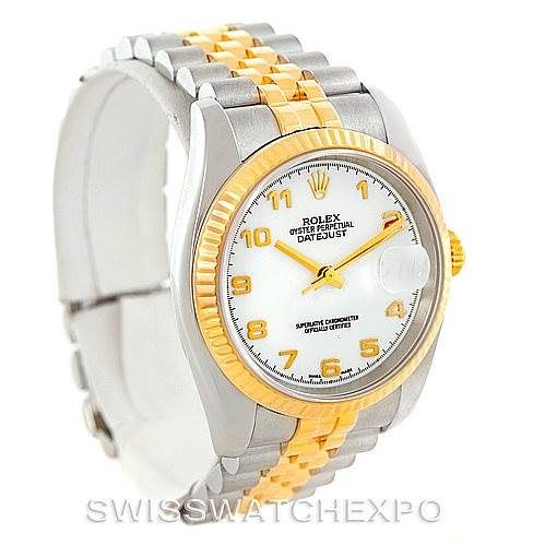 The image shows the front and angled side of a Rolex Datejust 116233 Men
s Stainless Steel White Dial 116233 Men
s Stainless Steel White Dial watch, displaying its stainless steel and gold bracelet, bezel, and dial.