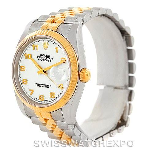 This image shows a Rolex Datejust 116233 Men
s Stainless Steel White Dial 116233 Men
s Stainless Steel White Dial watch from a left front angle, highlighting the face, bezel, and jubilee bracelet.