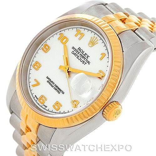 This image shows a Rolex Datejust 116233 Men
s Stainless Steel White Dial 116233 Men
s Stainless Steel White Dial watch at an oblique angle, highlighting its bezel, dial, crown, and two-tone bracelet.