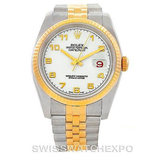 The image shows a front view of the Rolex Datejust 116233 Men
s Stainless Steel White Dial 116233 Men
s Stainless Steel White Dial, highlighting its dial, bezel, and bracelet.