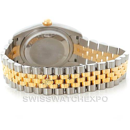 The image shows the back and bracelet of a Rolex Datejust 116233 Men
s Stainless Steel White Dial 116233 Men
s Stainless Steel White Dial watch, featuring a two-tone metal design.