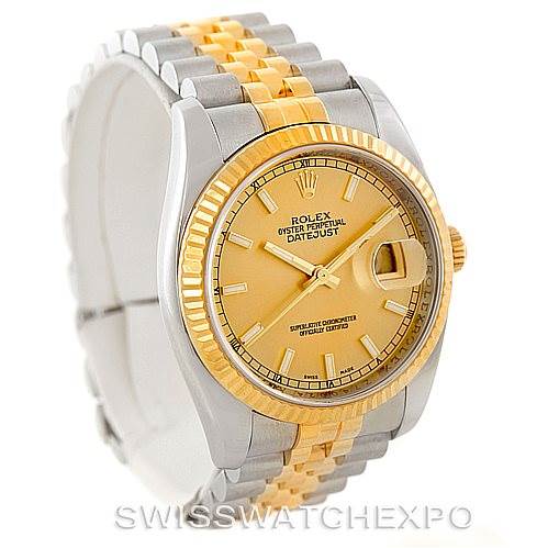 This image shows a Rolex Datejust 116233 Men
s Stainless Steel Champagne Dial 116233 Men
s Stainless Steel Champagne Dial watch at a three-quarter angle, displaying its dial, bezel, and bracelet.