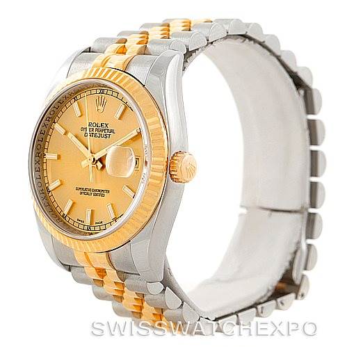 This image shows the Rolex Datejust 116233 Men
s Stainless Steel Champagne Dial 116233 Men
s Stainless Steel Champagne Dial watch at an angle displaying the face, bezel, crown, and bracelet.
