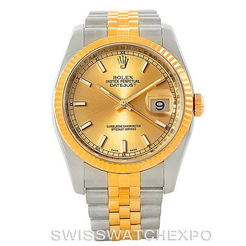 This Rolex Datejust 116233 Men
s Stainless Steel Champagne Dial 116233 Men
s Stainless Steel Champagne Dial watch is shown in a front view, displaying its face, fluted bezel, two-tone bracelet, and date window at 3 o
clock.