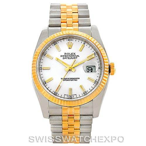 This is a front view of the Rolex Datejust 116233 Men
s Stainless Steel White Dial 116233 Men
s Stainless Steel White Dial watch, highlighting its dial, bezel, and jubilee bracelet.
