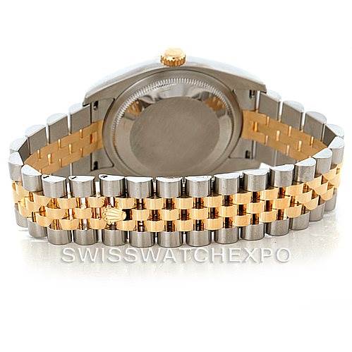 This image shows the back view of the Rolex Datejust 116233 Men
s Stainless Steel White Dial 116233 Men
s Stainless Steel White Dial watch, focusing on the case back and two-tone bracelet.