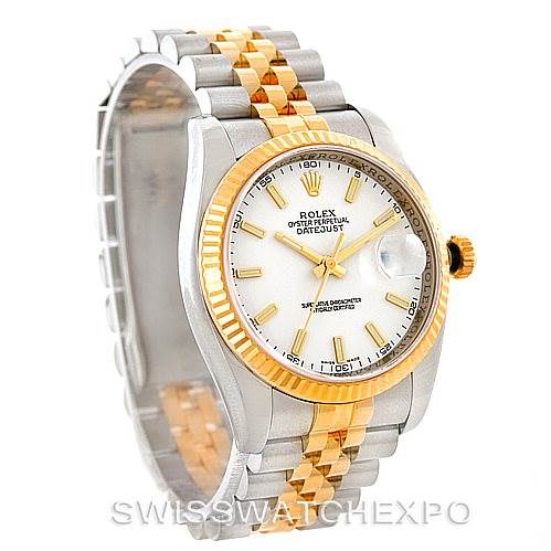 The image shows a Rolex Datejust 116233 Men
s Stainless Steel White Dial 116233 Men
s Stainless Steel White Dial watch at a slight angle, highlighting the two-tone bracelet, bezel, and the dial with gold accents.
