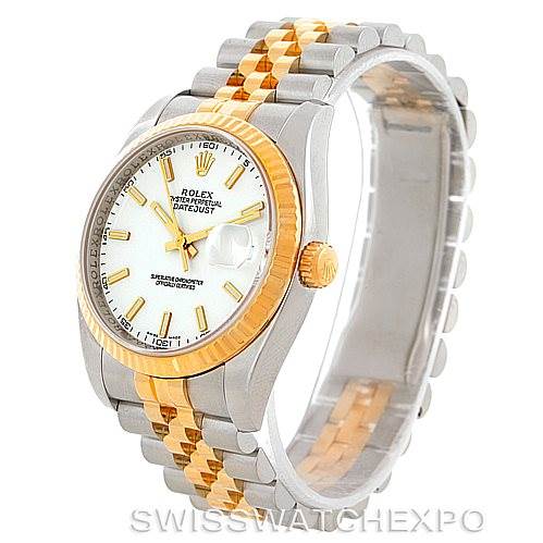 This image shows a Rolex Datejust 116233 Men
s Stainless Steel White Dial 116233 Men
s Stainless Steel White Dial watch at an angle highlighting the face, bezel, bracelet, and crown.
