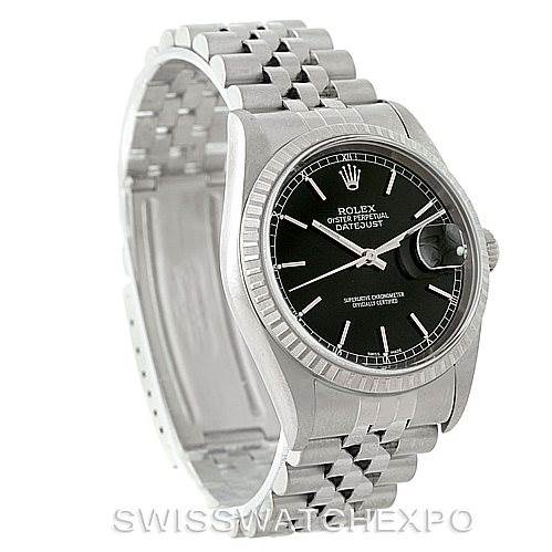 The Rolex Datejust 16220 Men
s Stainless Steel Black Dial 16220 Men
s Stainless Steel Black Dial watch is shown at an angle, displaying its black dial, fluted bezel, and silver Jubilee bracelet.
