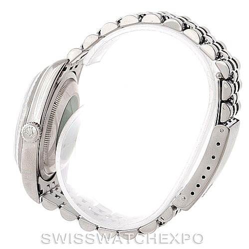 This image shows a side view of the Rolex Datejust 16220 Men
s Stainless Steel Black Dial 16220 Men
s Stainless Steel Black Dial watch, highlighting the bracelet, case, and crown.