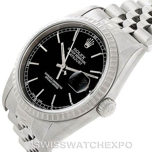 The image shows a Rolex Datejust 16220 Men
s Stainless Steel Black Dial 16220 Men
s Stainless Steel Black Dial watch at an angled view, highlighting the black dial, fluted bezel, and Jubilee bracelet.