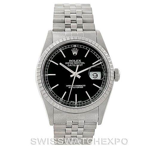 The image shows a front view of a Rolex Datejust 16220 Men
s Stainless Steel Black Dial 16220 Men
s Stainless Steel Black Dial watch displaying its black dial, date window, and stainless steel bracelet.