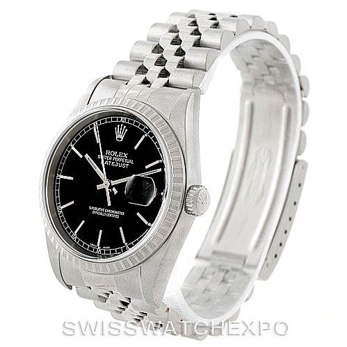 The Rolex Datejust 16220 Men
s Stainless Steel Black Dial 16220 Men
s Stainless Steel Black Dial watch is shown from a right-front angle displaying its black dial, fluted bezel, and jubilee bracelet.