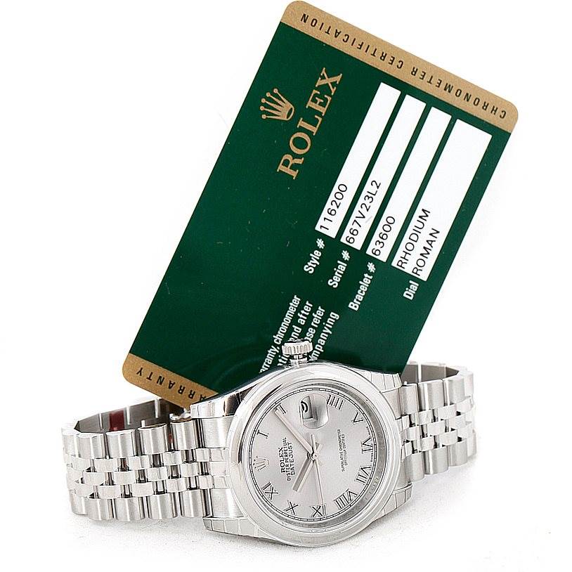 The image shows a Rolex Datejust 116200 Men
s Stainless Steel Grey Dial 116200 Men
s Stainless Steel Grey Dial watch and its certification card, with the watch facing up at a slight angle.