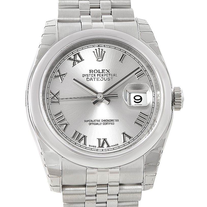 This image shows a front view of a Rolex Datejust 116200 Men
s Stainless Steel Grey Dial 116200 Men
s Stainless Steel Grey Dial watch, highlighting the dial, Roman numeral markers, date window, and bracelet.