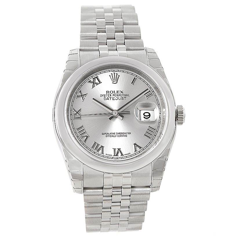 The image shows a frontal view of a Rolex Datejust 116200 Men
s Stainless Steel Grey Dial 116200 Men
s Stainless Steel Grey Dial watch, displaying the dial, hands, date window, and bracelet.