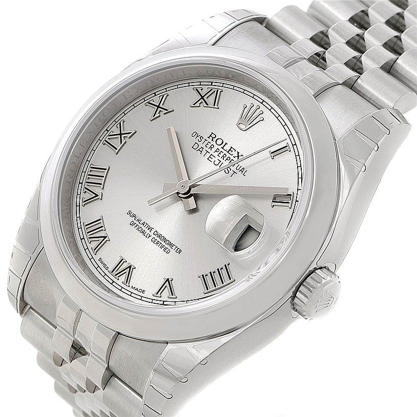 This image shows a close-up angled view of a Rolex Datejust 116200 Men
s Stainless Steel Grey Dial 116200 Men
s Stainless Steel Grey Dial watch, showcasing the dial, case, and part of the bracelet.