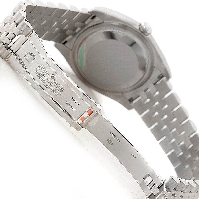 The image shows the back of the Rolex Datejust 116200 Men
s Stainless Steel Grey Dial 116200 Men
s Stainless Steel Grey Dial watch, focusing on the clasp and bracelet.