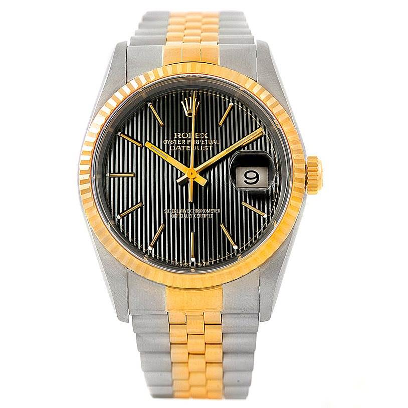 The Rolex Datejust 16233 Men's Steel and Gold (two tone) Black Dial 16233 Men's Steel and Gold (two tone) Black Dial model is shown in a front-facing angle, highlighting its dial, bezel, and bracelet.
