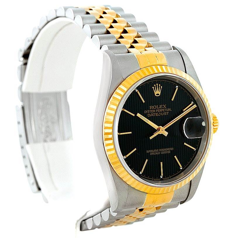 This Rolex Datejust 16233 Men's Steel and Gold (two tone) Black Dial 16233 Men's Steel and Gold (two tone) Black Dial watch is shown from a front angle, highlighting the dial, bezel, and two-tone bracelet.