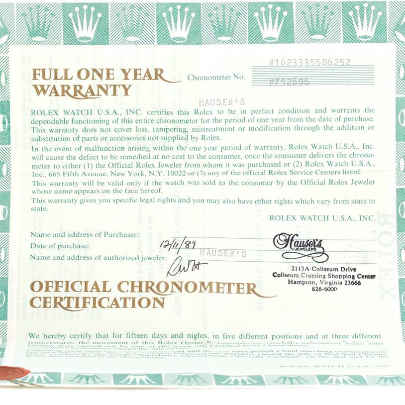 The image shows a warranty certificate for a Rolex Datejust 16233 Men's Steel and Gold (two tone) Beige Dial 16233 Men's Steel and Gold (two tone) Beige Dial model, with the top view displaying text and branding.